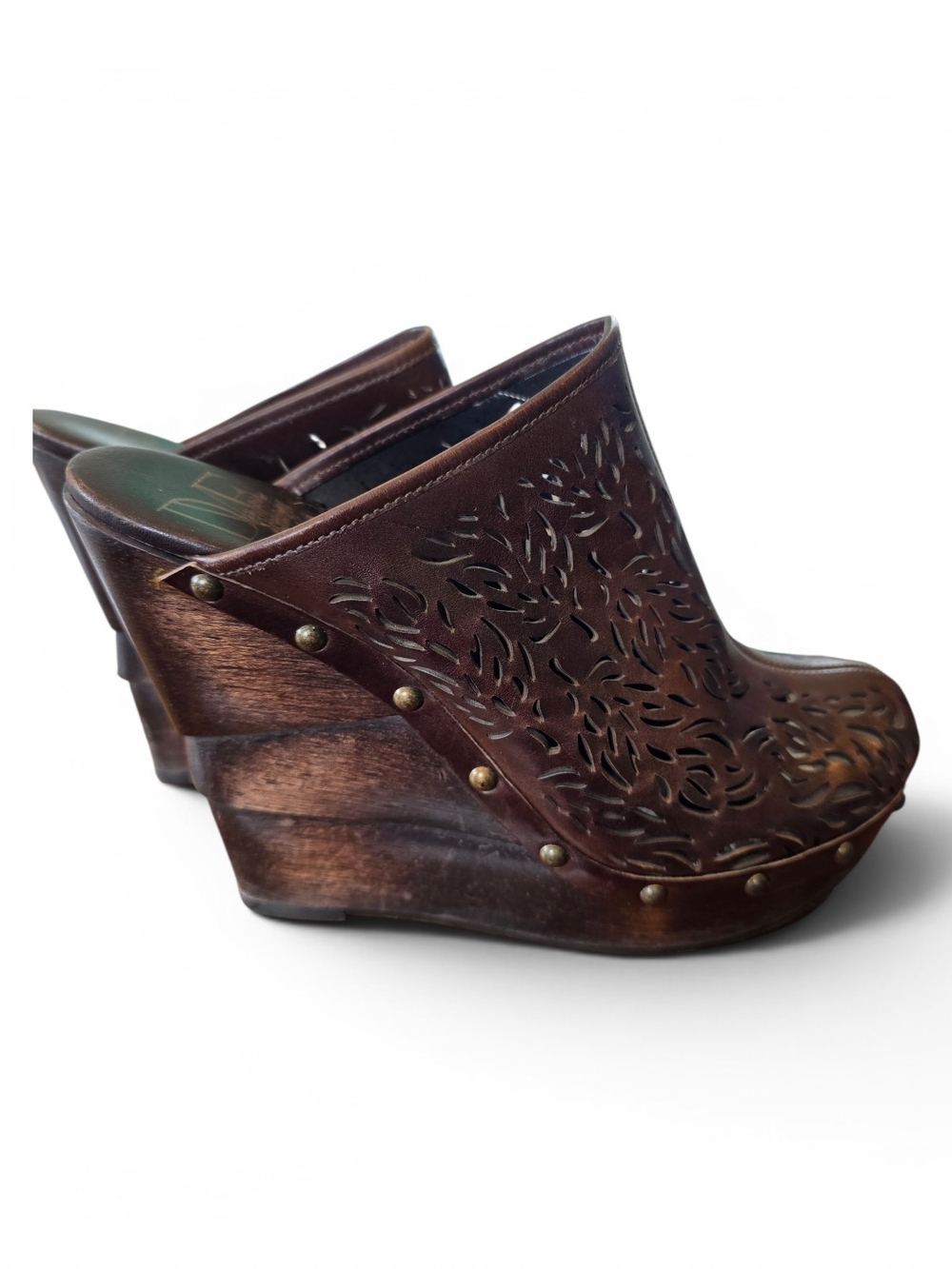 Diane Von Furstenberg Brown Laser-Cut Leather Wedge Mules